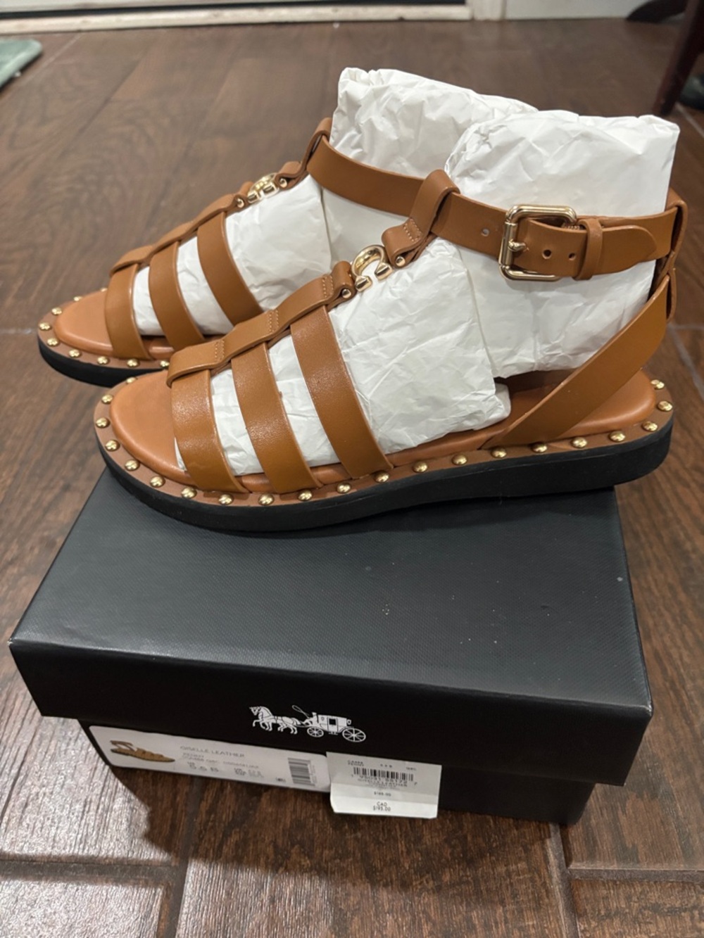 Coach Tan Leather Gladiator Sandals with Gold Studs size 5.5 - Picture 4 of 10